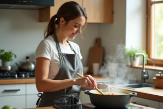 Femme préparant une soupe crémeuse et douce pour la famille après une extraction dentaire