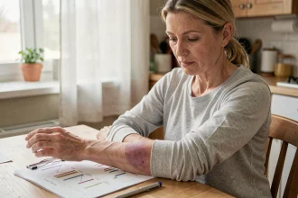 Femme examinant un hématome sur son avant-bras avec un tableau de suivi posé sur une table en bois