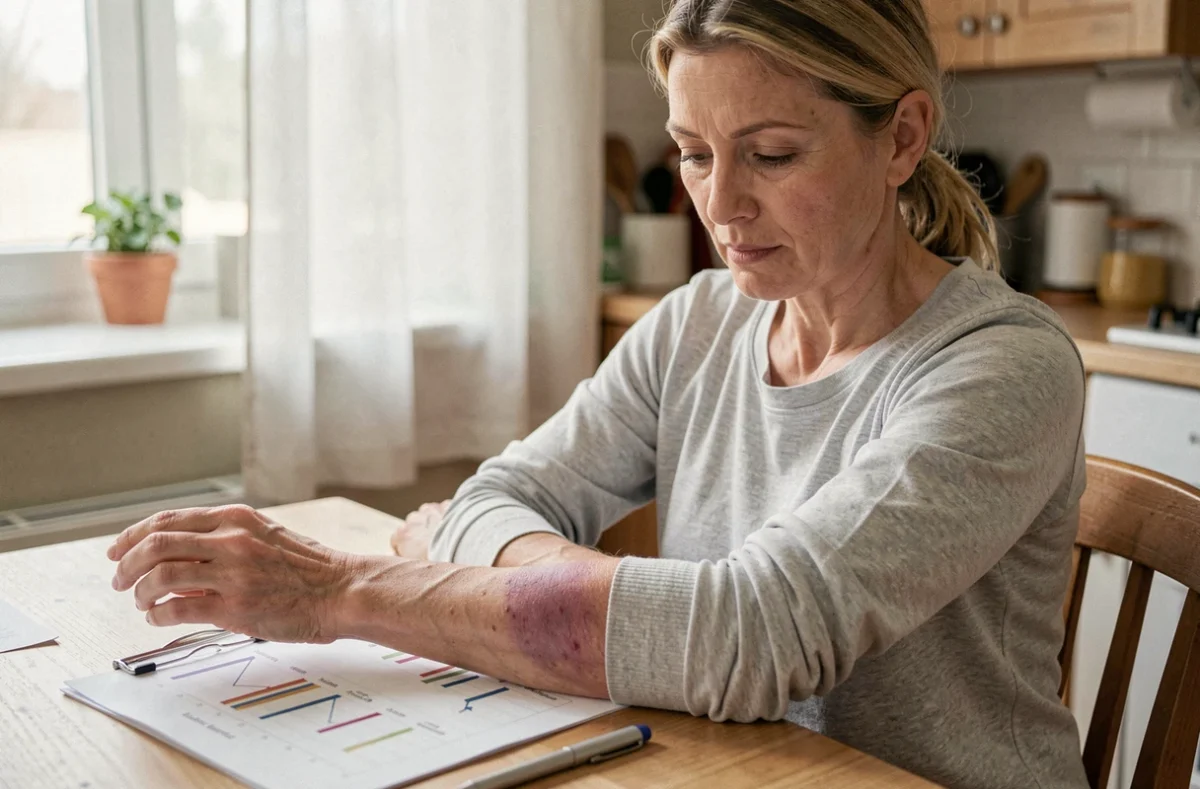 Femme examinant un hématome sur son avant-bras avec un tableau de suivi posé sur une table en bois