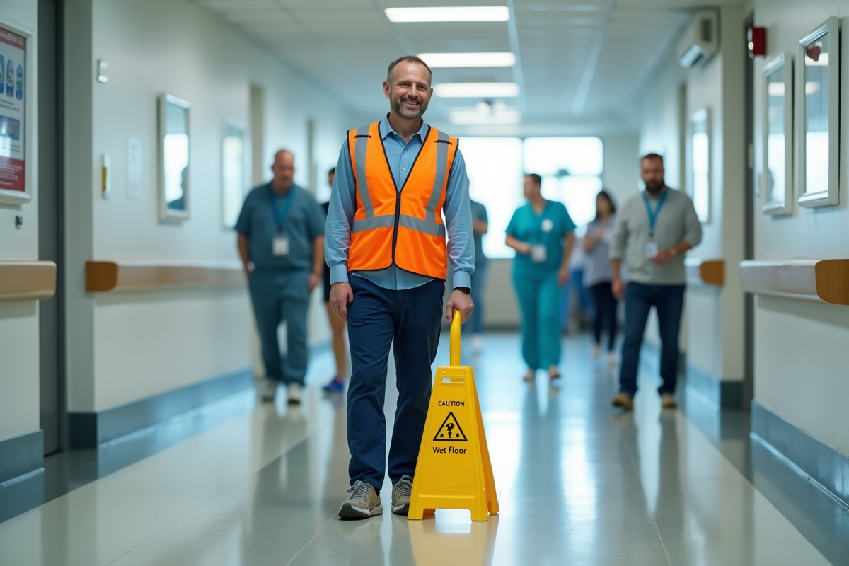 Ouvrier en sécurité posant un panneau de sol humide