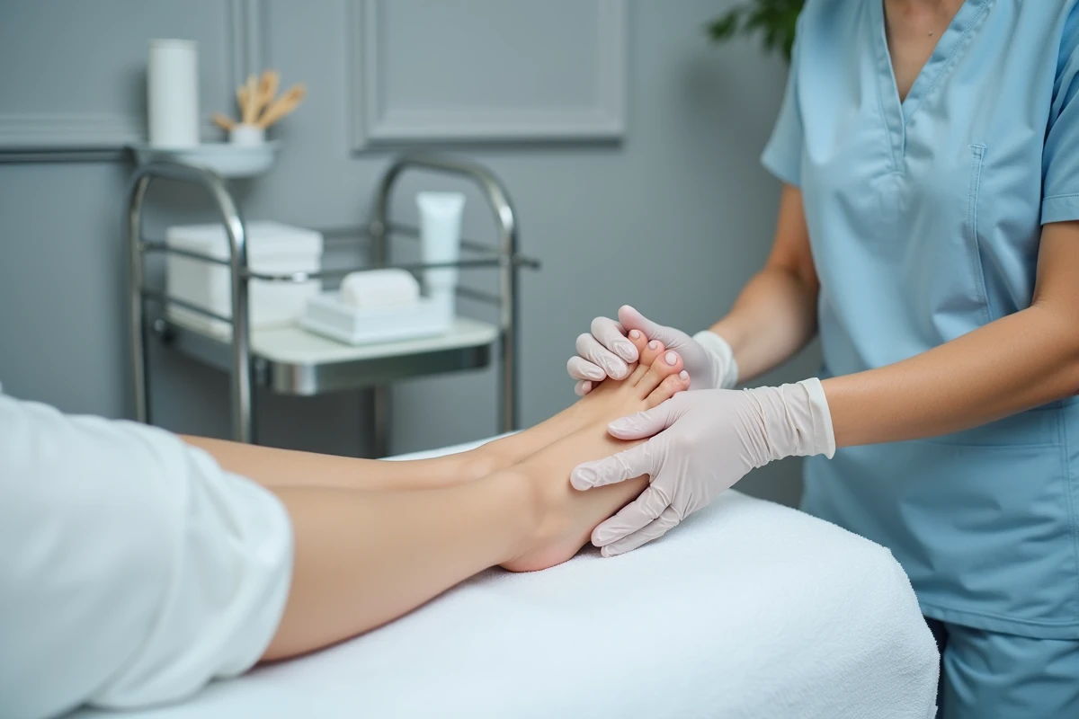 Technicienne en manucure appliquant une crème hydratante sur les ongles des pieds d'une cliente dans un salon de pédicure