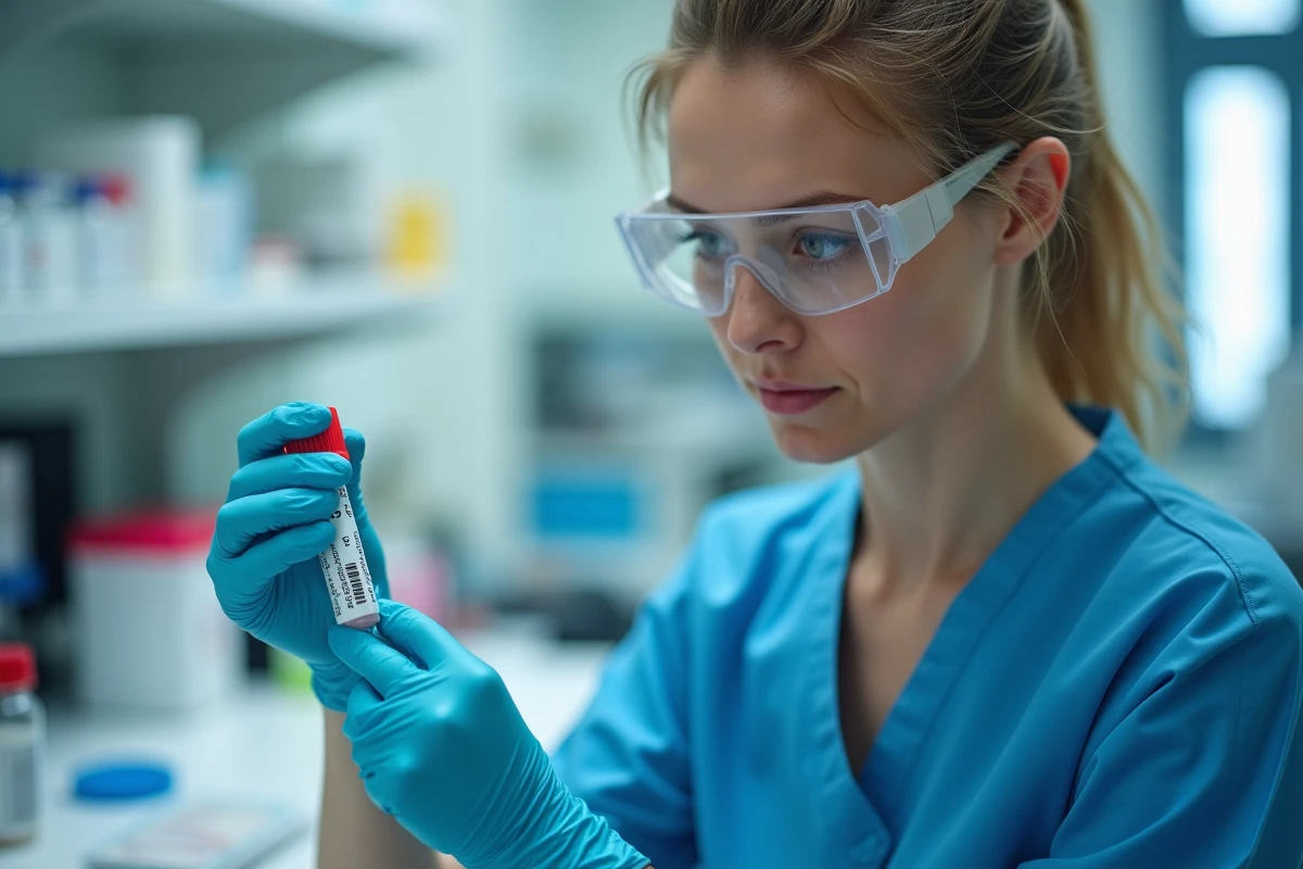 Technicienne de laboratoire manipulant un échantillon sanguin pour dosage de troponine et marqueurs cardiaques