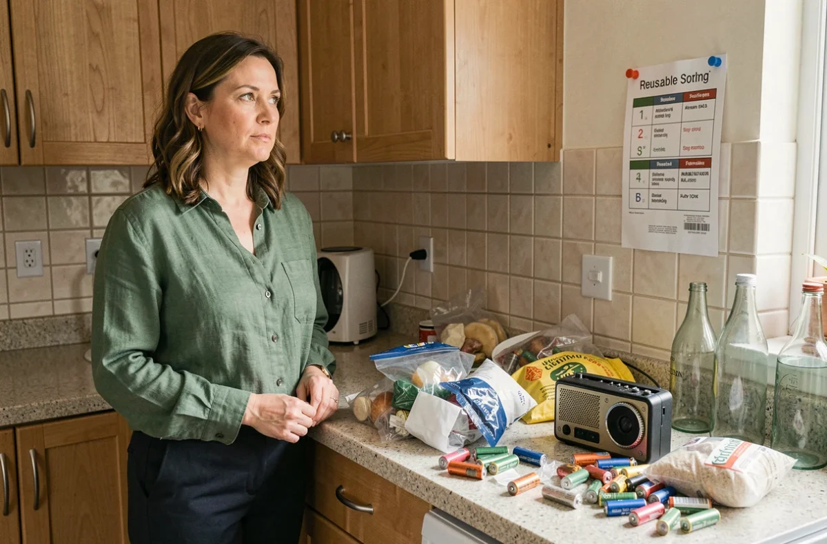Femme triant des déchets ménagers incluant une radio cassée, des piles et des emballages dans une cuisine moderne