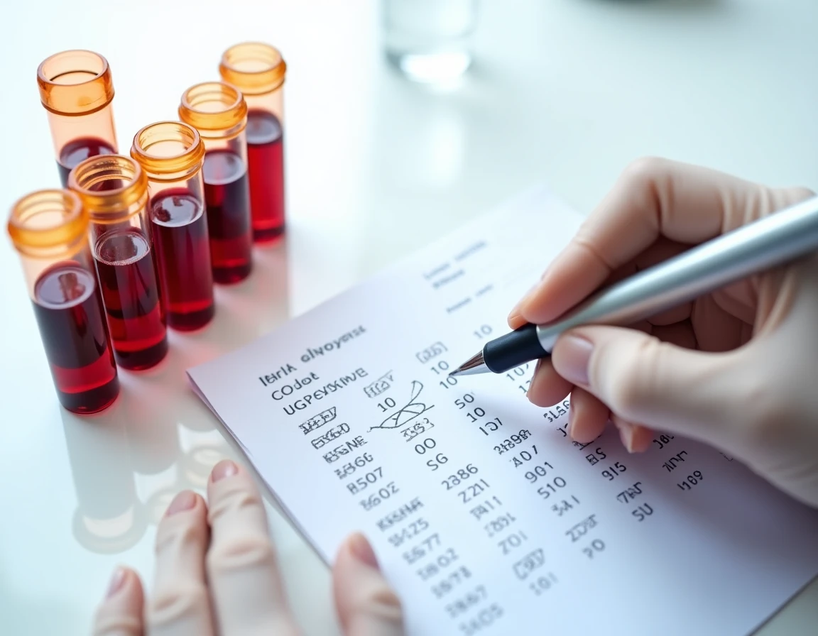 Tubes de prise de sang et résultats d'analyses médicales montrant les valeurs des transaminases SGPT sur une paillasse de laboratoire