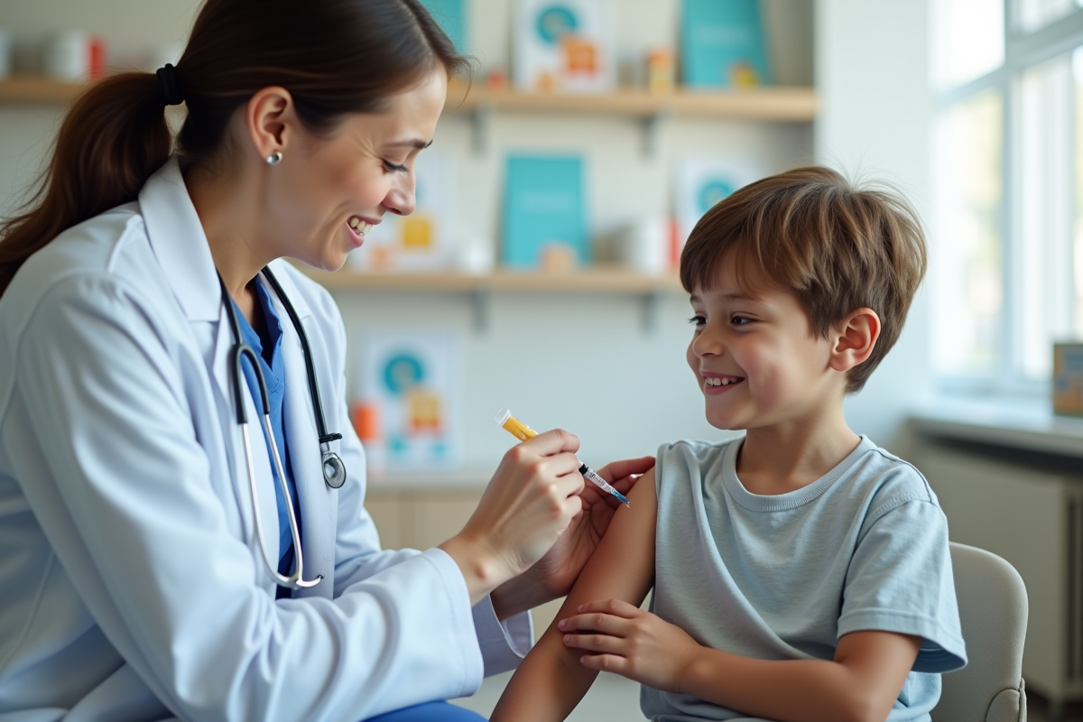 Jeune docteur administrant un vaccin à un garçon souriant