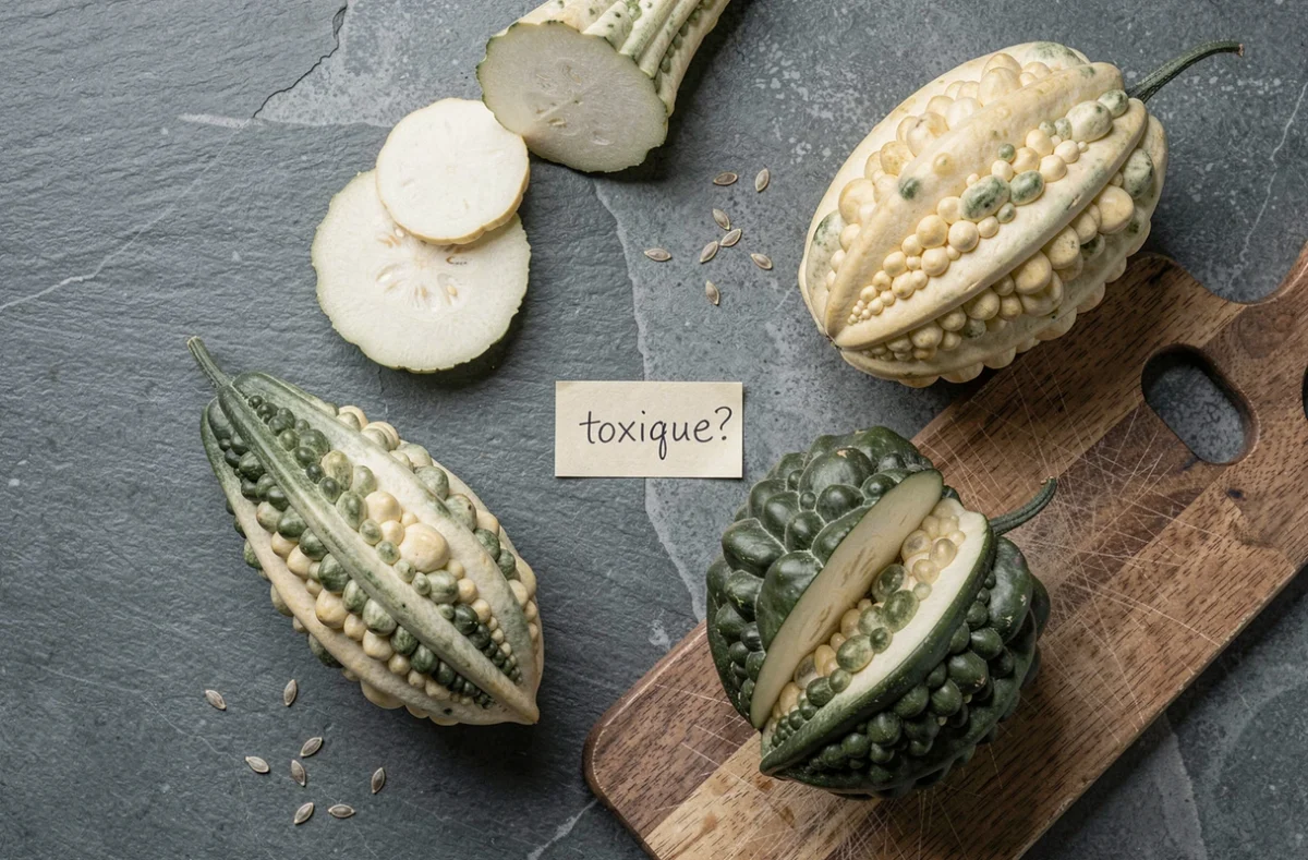 Vue aérienne de courges amères et coloquintes sur un plan de travail avec étiquette toxique et couteau de cuisine